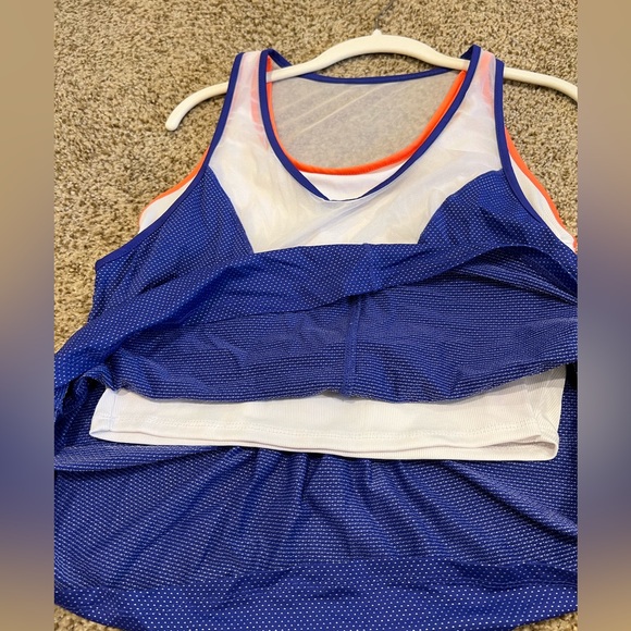 Lucky in Love ladies athletic tank top. Royal blue & white w orange detailing. - Picture 7 of 11